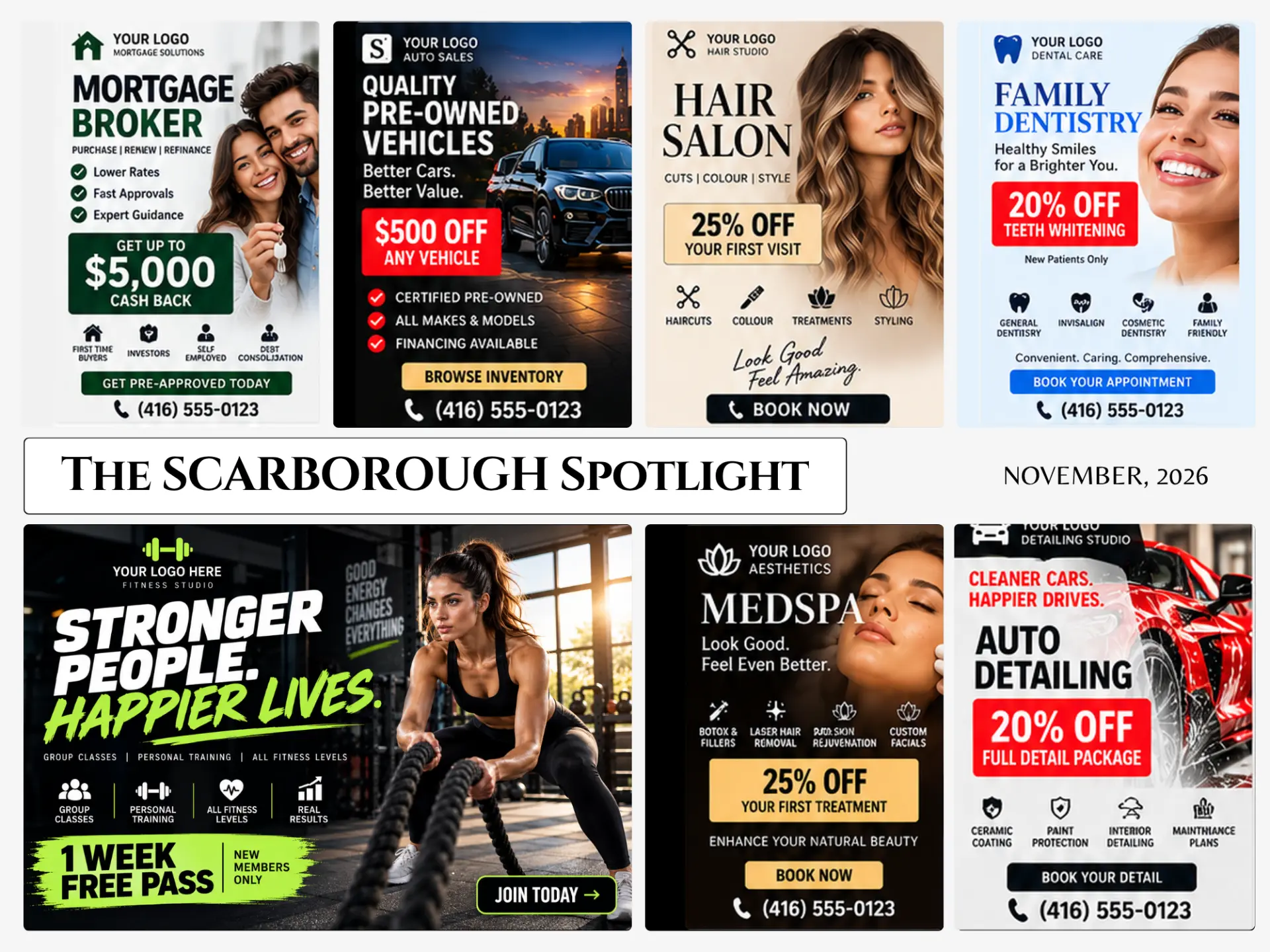 Sample Scarborough Spotlight card carrying seven local business ads