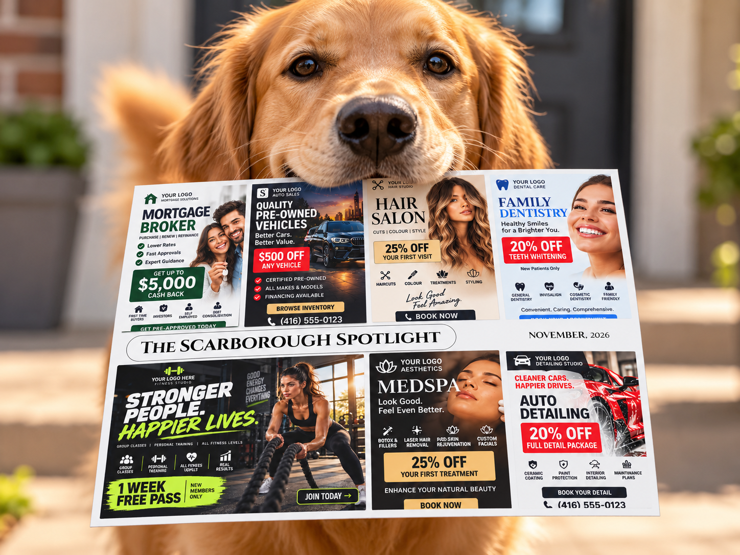 Golden retriever holding a sample Scarborough Spotlight card carrying seven local business ads